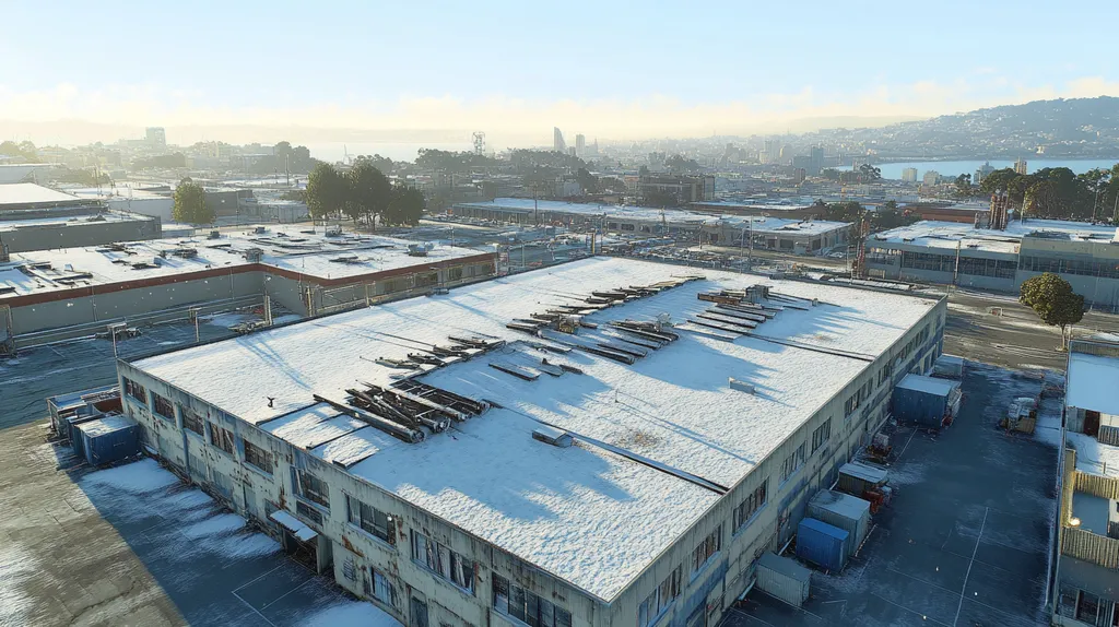 A commercial roof on a factory in a location similar to San Francisco with a snowy day aesthetic (AI image)