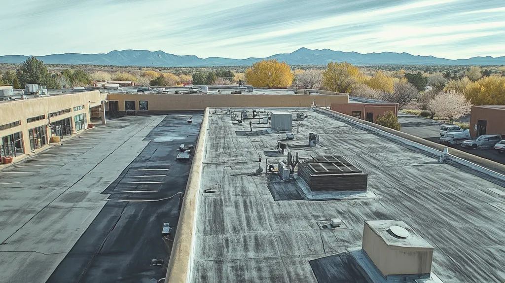 A commercial roof on a factory in a location similar to Santa Fe with a charcoal sketch aesthetic (AI image)