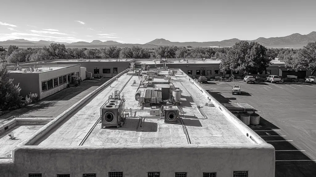A commercial roof on a factory in a location similar to Santa Fe with a charcoal sketch aesthetic (AI image)