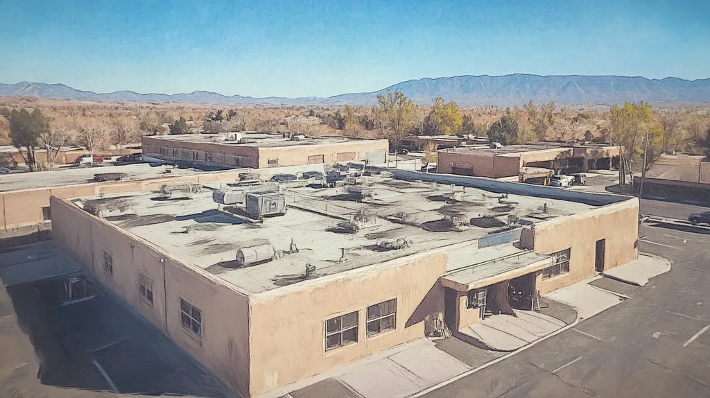 A commercial roof on a factory in a location similar to Santa Fe with a charcoal sketch aesthetic (AI image)