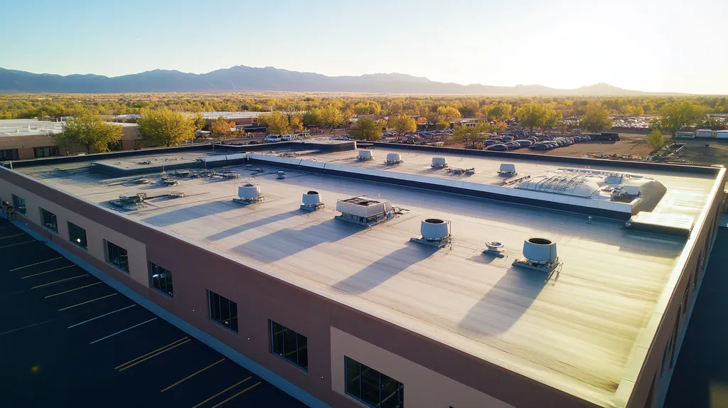 A commercial roof on a factory in a location similar to Santa Fe with a futuristic aesthetic (AI image)