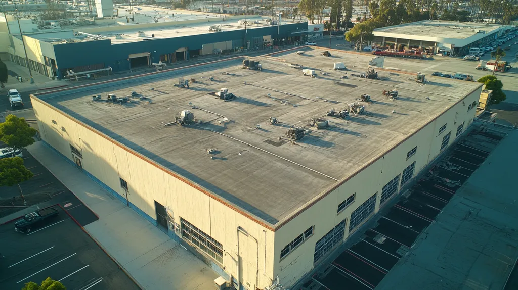 A commercial roof on a factory in a location similar to Santa Monica with an urban context aesthetic (AI image)