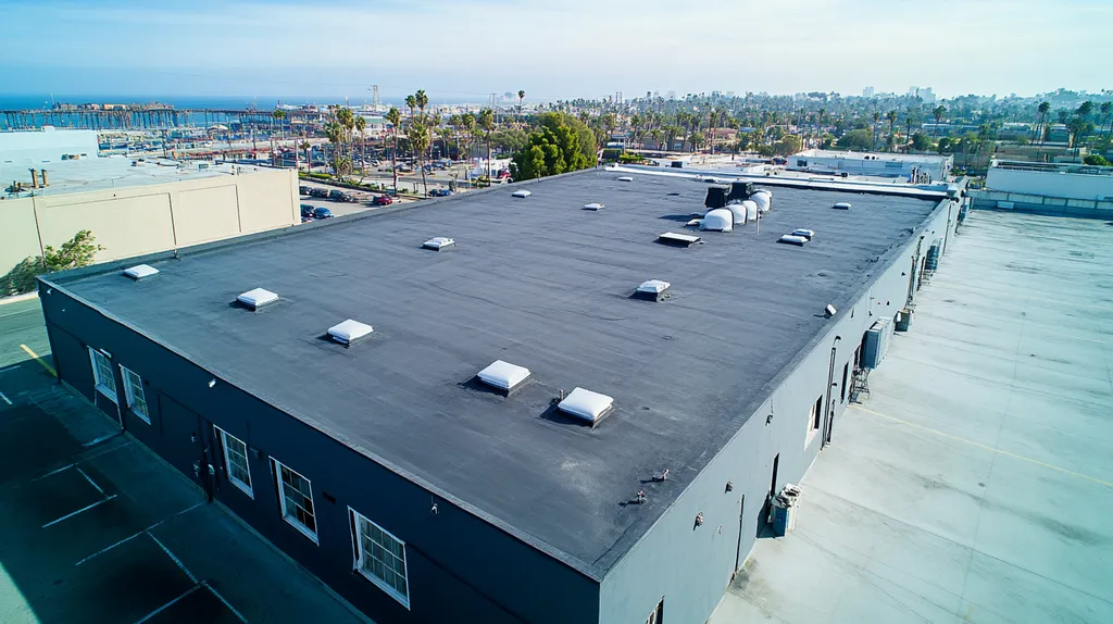 A commercial roof on a factory in a location similar to Santa Monica with an urban context aesthetic (AI image)