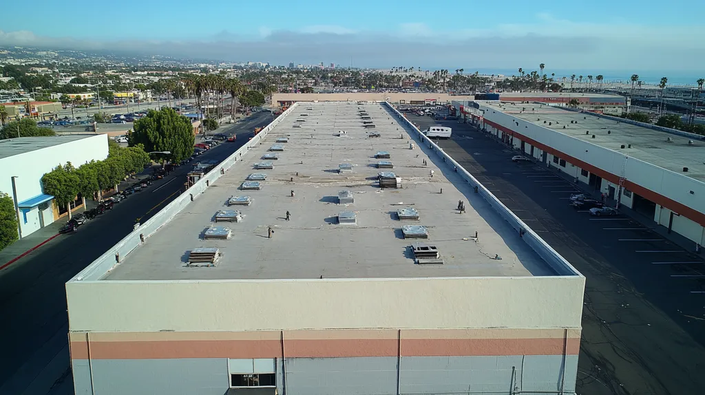 A commercial roof on a factory in a location similar to Santa Monica with an urban context aesthetic (AI image)