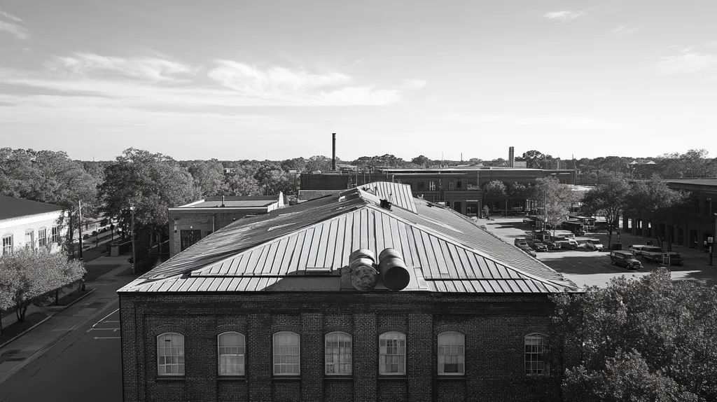 A commercial roof on a factory in a location similar to Savannah with a black and white photography aesthetic (AI image)