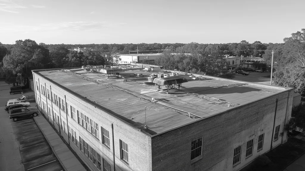 A commercial roof on a factory in a location similar to Savannah with a black and white photography aesthetic (AI image)