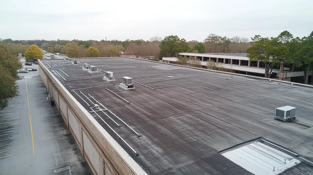 A commercial roof on a factory in a location similar to Savannah with a rainy day aesthetic (AI image)