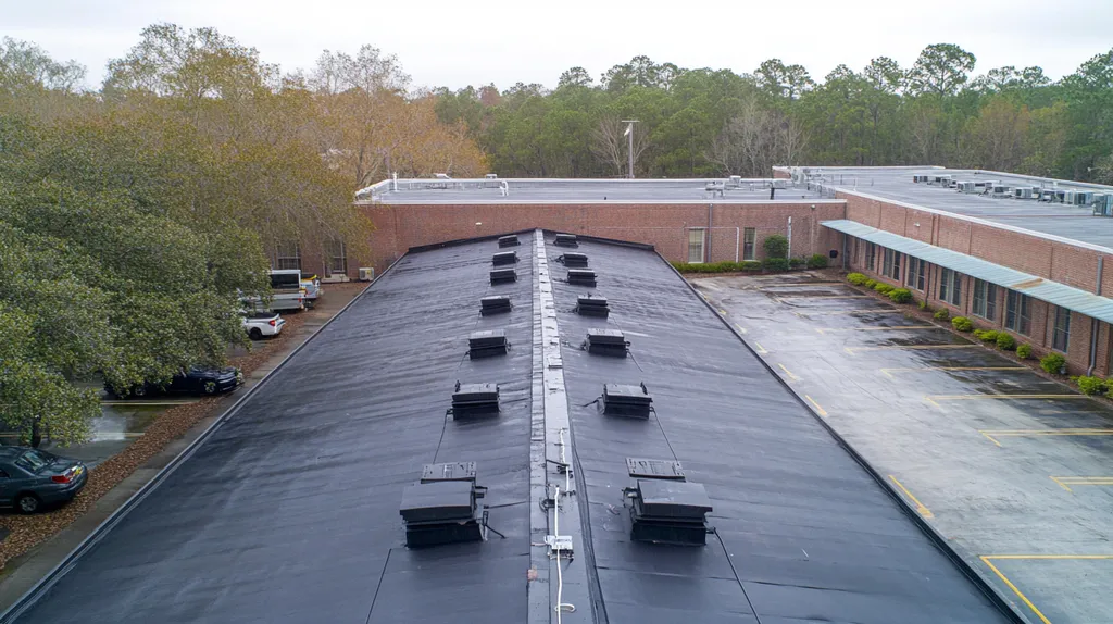 A commercial roof on a factory in a location similar to Savannah with a rainy day aesthetic (AI image)