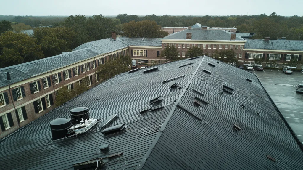 A commercial roof on a factory in a location similar to Savannah with a rainy day aesthetic (AI image)