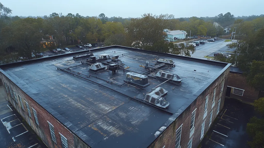 A commercial roof on a factory in a location similar to Savannah with a rainy day aesthetic (AI image)
