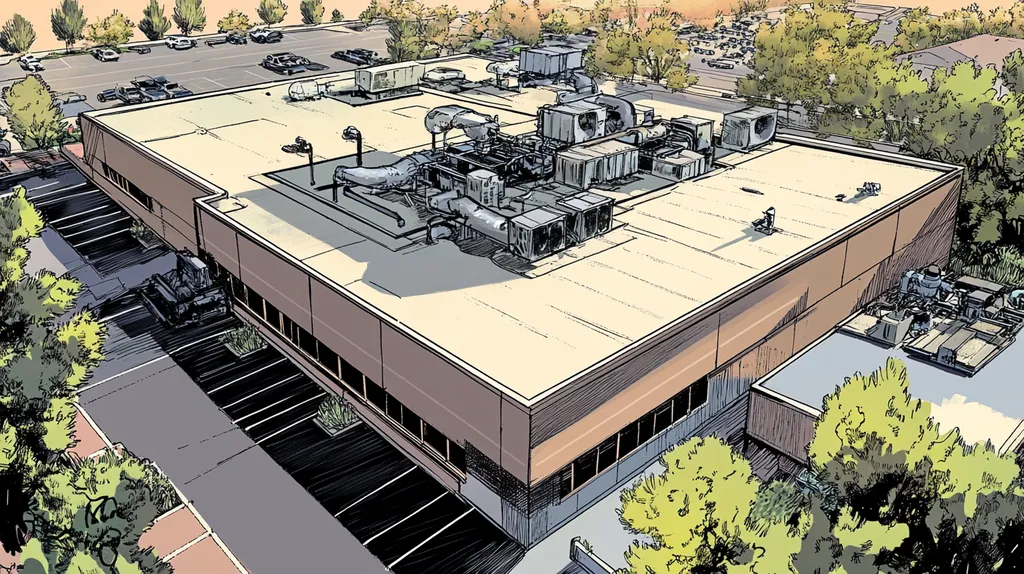 A commercial roof on a factory in a location similar to Scottsdale with a comic book style aesthetic (AI image)
