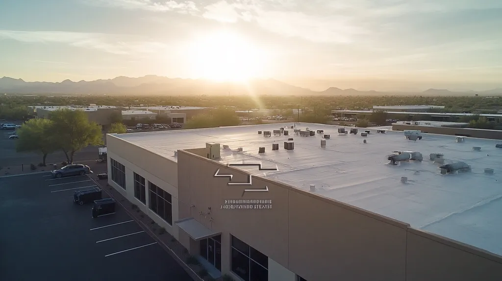 A commercial roof on a factory in a location similar to Scottsdale with a light beams aesthetic (AI image)