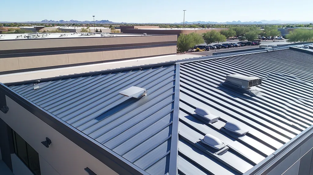 A commercial roof on a factory in a location similar to Scottsdale with a stainless steel aesthetic (AI image)