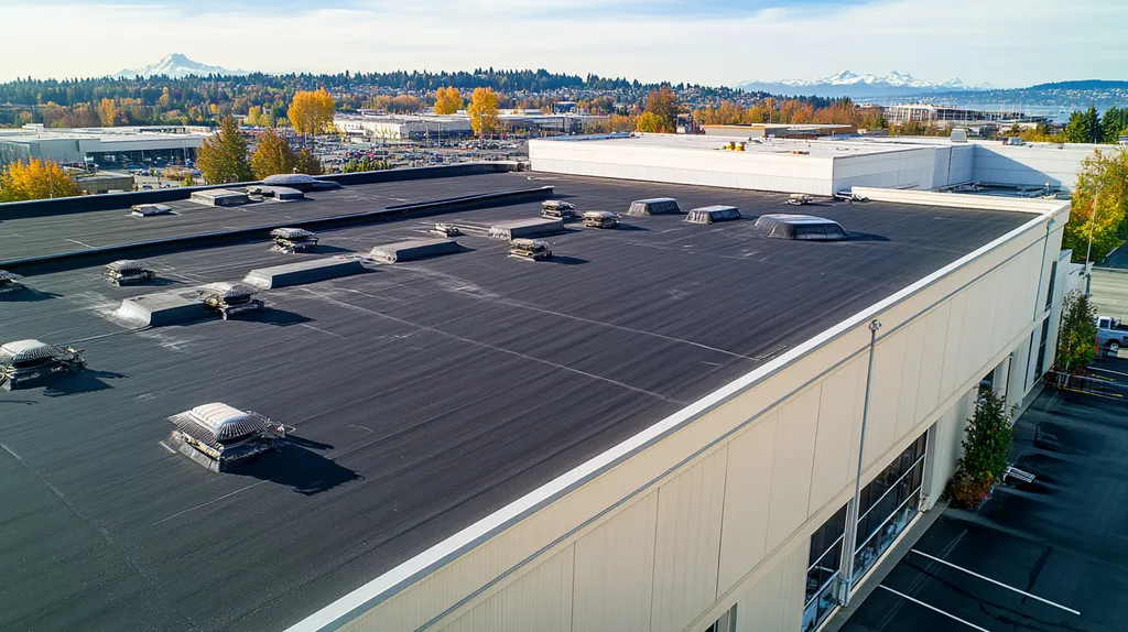 A commercial roof on a factory in a location similar to Seattle with an architectural photography aesthetic (AI image)