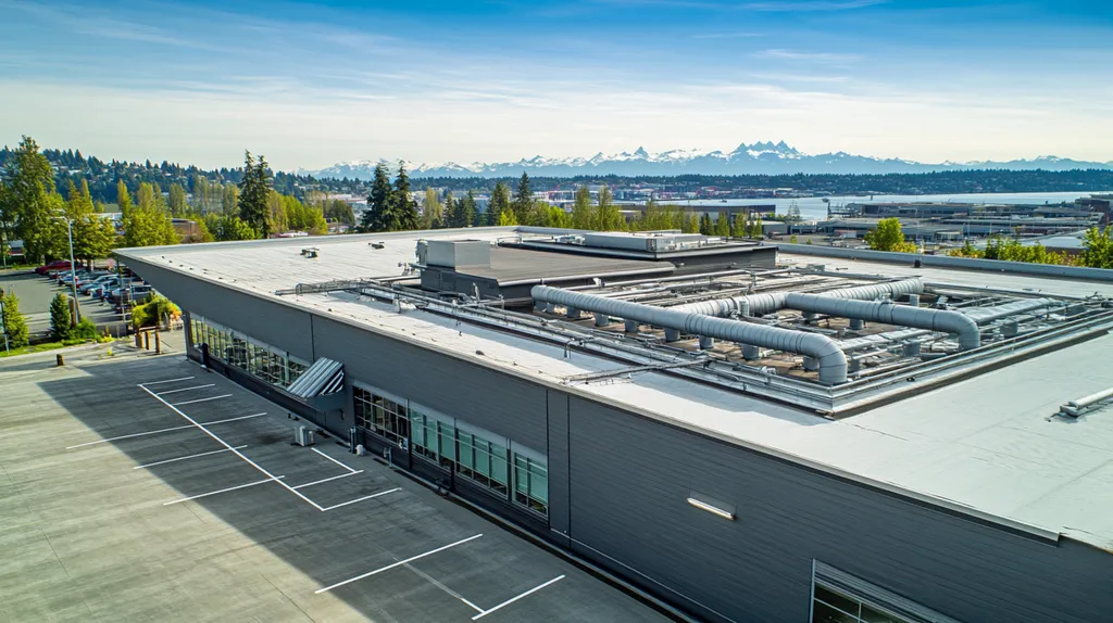 A commercial roof on a factory in a location similar to Seattle with an architectural photography aesthetic (AI image)