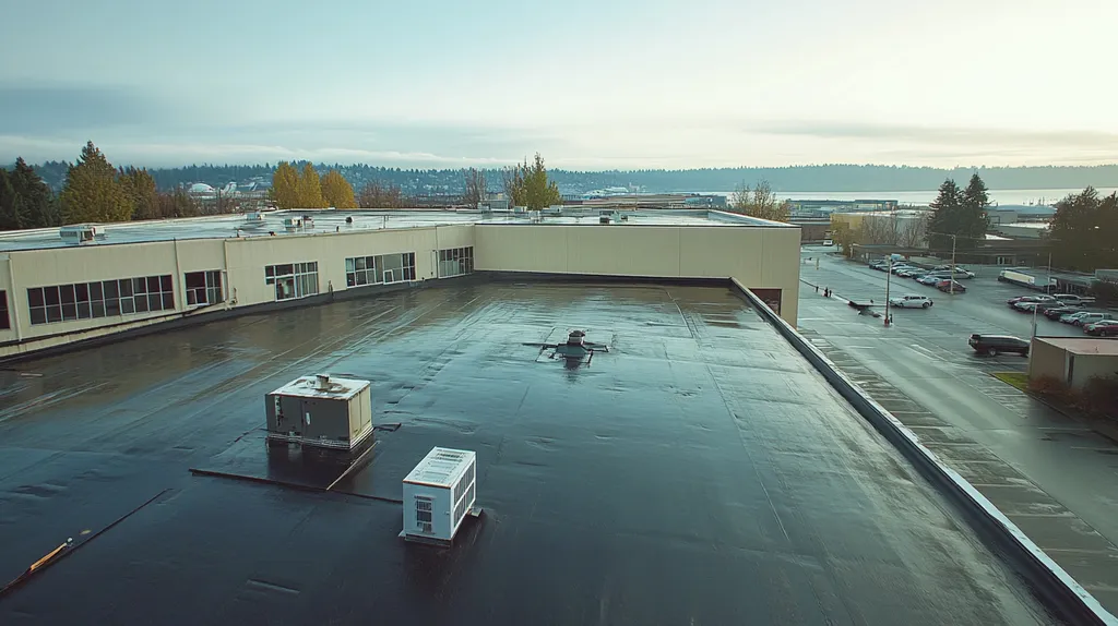 A commercial roof on a factory in a location similar to Seattle with a rainy day aesthetic (AI image)