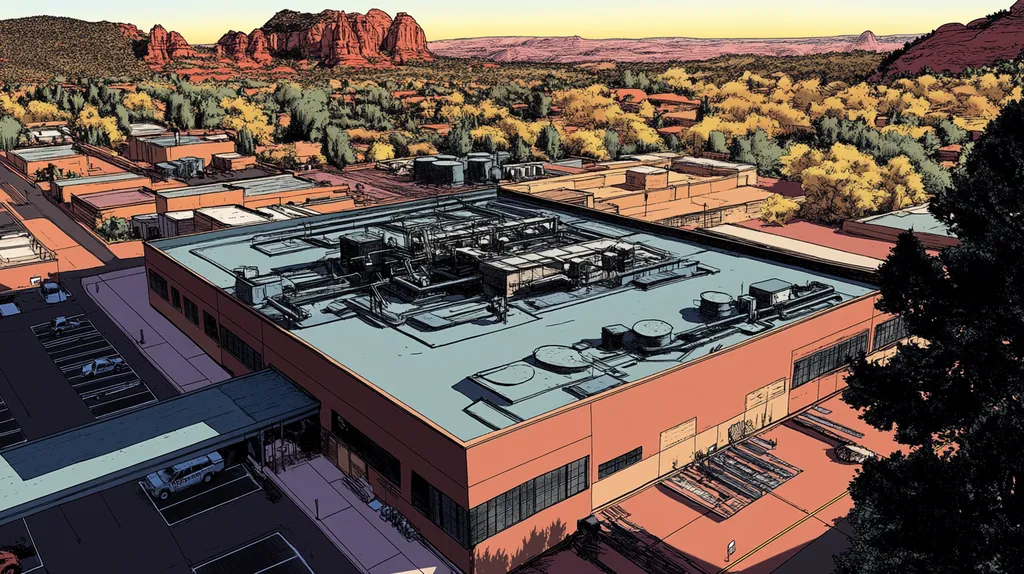 A commercial roof on a factory in a location similar to Sedona with a comic book style aesthetic (AI image)