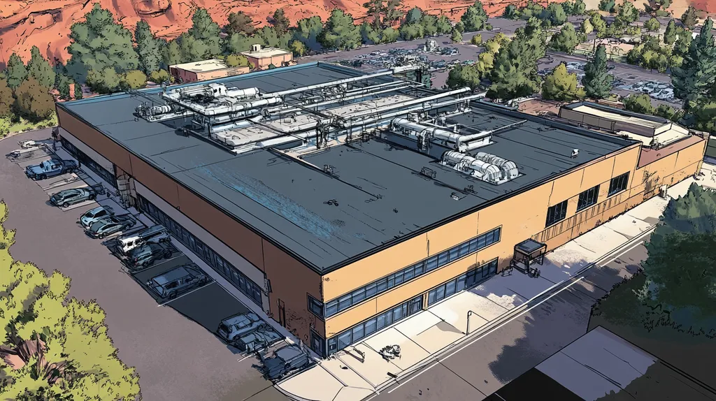 A commercial roof on a factory in a location similar to Sedona with a comic book style aesthetic (AI image)