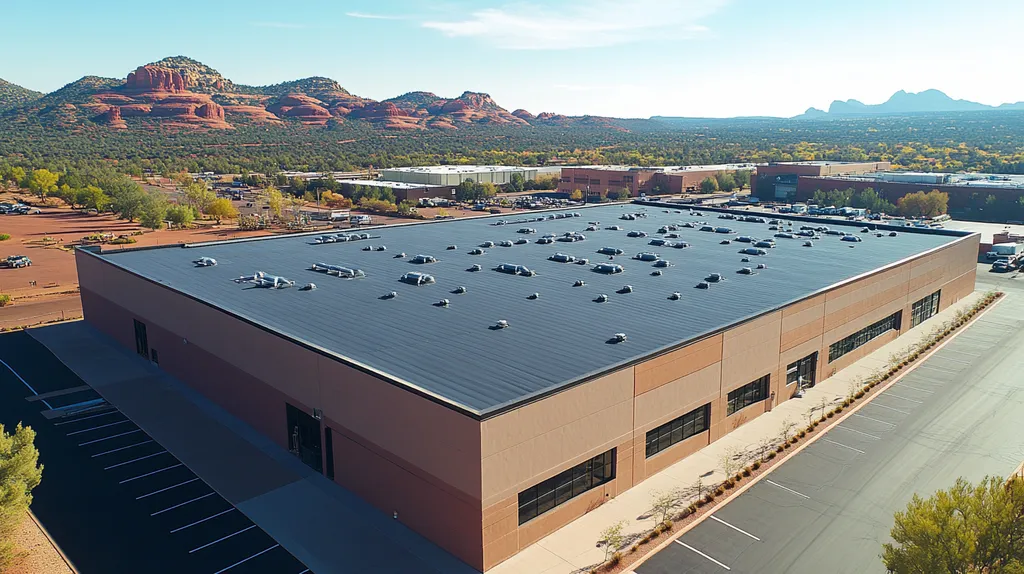 A commercial roof on a factory in a location similar to Sedona with an urban context aesthetic (AI image)