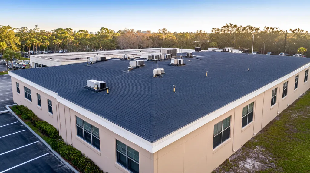 A commercial roof on a factory in a location similar to Tampa with an illuminated nightscape aesthetic (AI image)