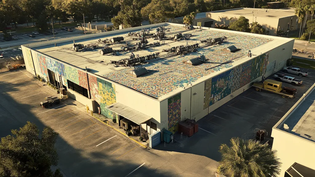 A commercial roof on a factory in a location similar to Tampa with a mosaic tile art aesthetic (AI image)