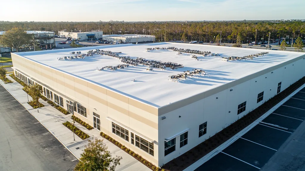 A commercial roof on a factory in a location similar to Tampa with a snowy day aesthetic (AI image)