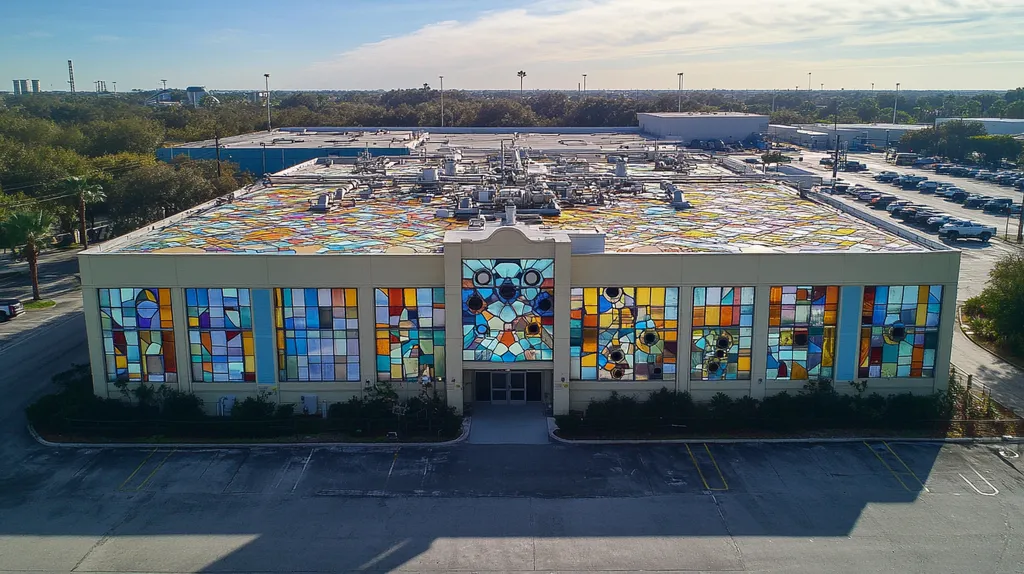 A commercial roof on a factory in a location similar to Tampa with a stained glass style aesthetic (AI image)