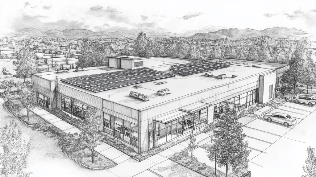 A commercial roof on a fitness gym in a location similar to Boulder with a charcoal sketch aesthetic (AI image)