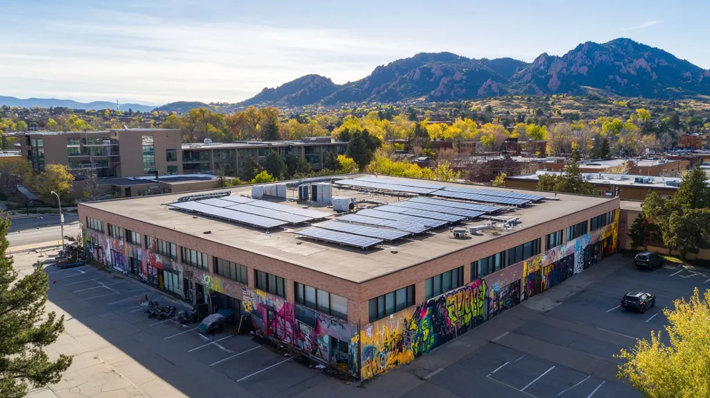 A commercial roof on a fitness gym in a location similar to Boulder with a graffiti mural aesthetic (AI image)