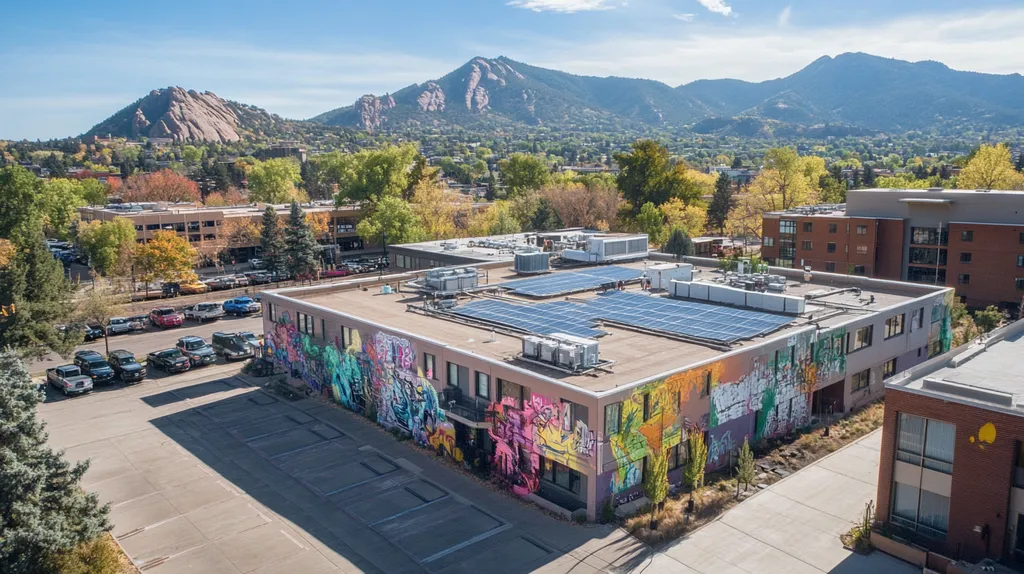 A commercial roof on a fitness gym in a location similar to Boulder with a graffiti mural aesthetic (AI image)