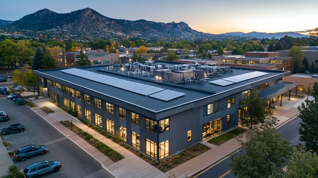 A commercial roof on a fitness gym in a location similar to Boulder with an illuminated nightscape aesthetic (AI image)