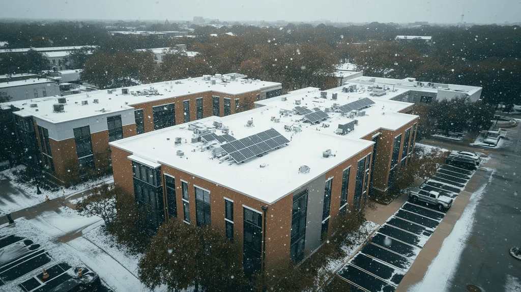 A commercial roof on a fitness gym in a location similar to Charleston with a snowy day aesthetic (AI image)