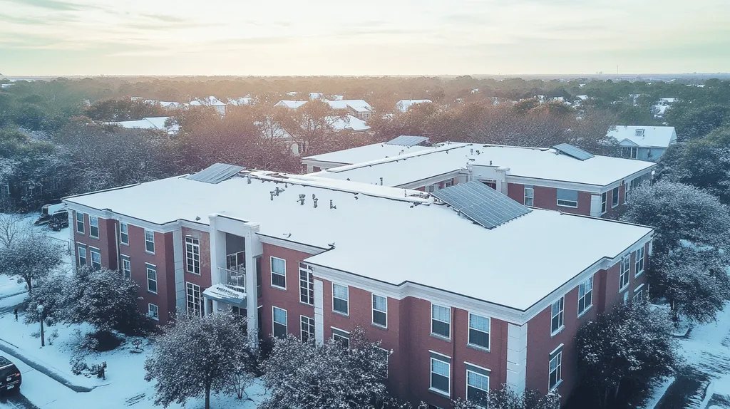 A commercial roof on a fitness gym in a location similar to Charleston with a snowy day aesthetic (AI image)