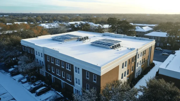 A commercial roof on a fitness gym in a location similar to Charleston with a snowy day aesthetic (AI image)