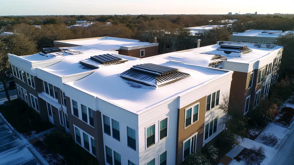 A commercial roof on a fitness gym in a location similar to Charleston with a snowy day aesthetic (AI image)