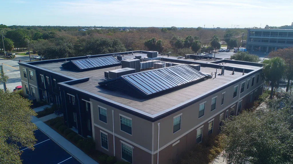 A commercial roof on a fitness gym in a location similar to Charleston with an urban context aesthetic (AI image)
