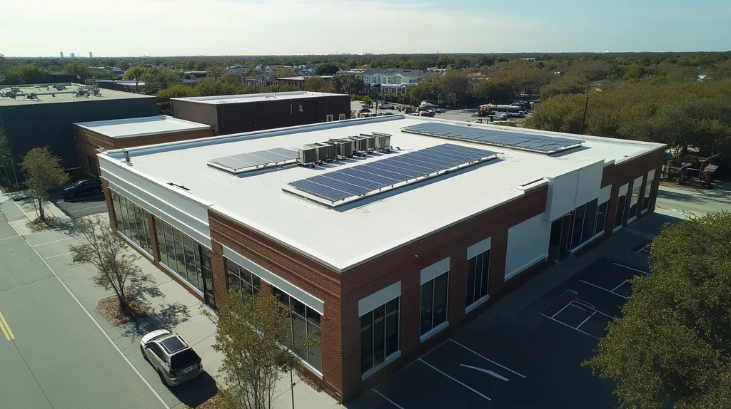 A commercial roof on a fitness gym in a location similar to Charleston with an urban context aesthetic (AI image)