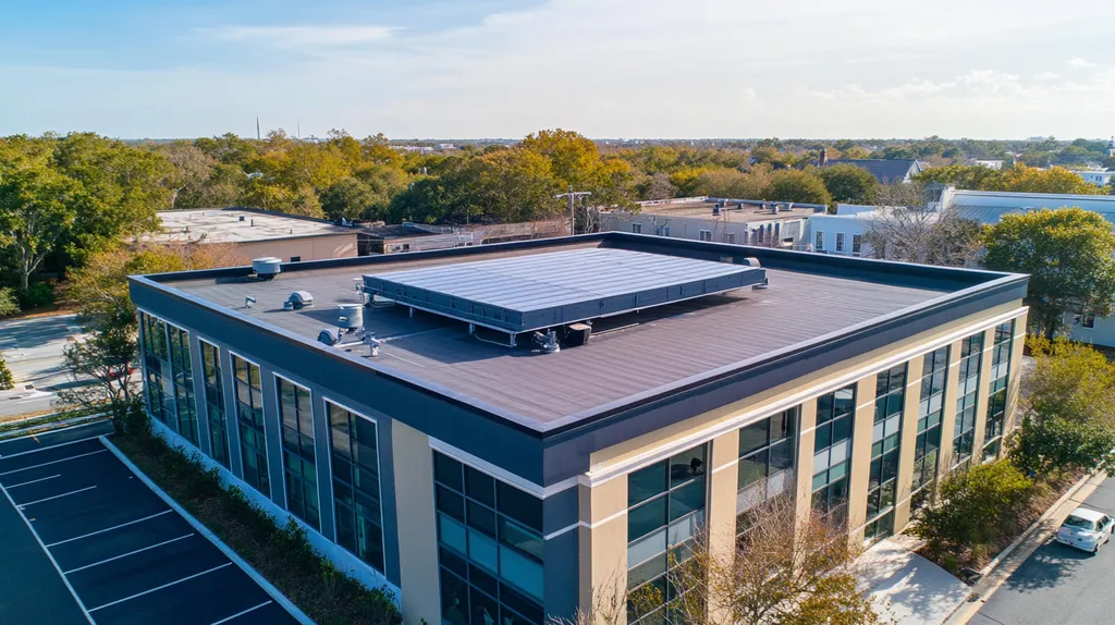 A commercial roof on a fitness gym in a location similar to Charleston with an urban context aesthetic (AI image)