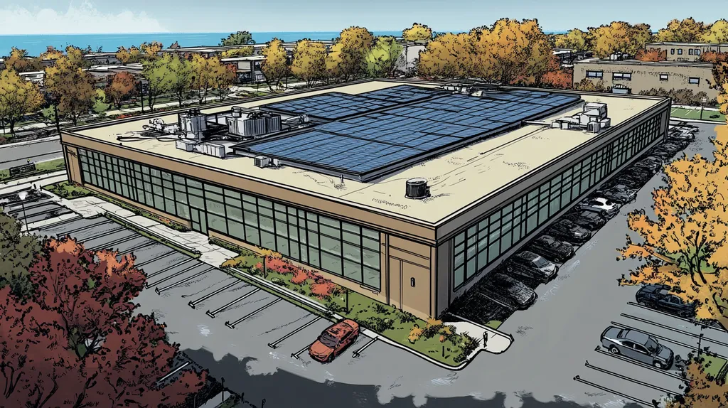 A commercial roof on a fitness gym in a location similar to Chicago with a comic book style aesthetic (AI image)