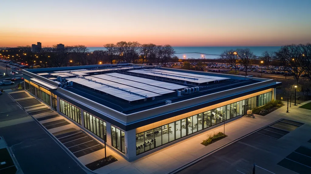 A commercial roof on a fitness gym in a location similar to Chicago with an illuminated nightscape aesthetic (AI image)