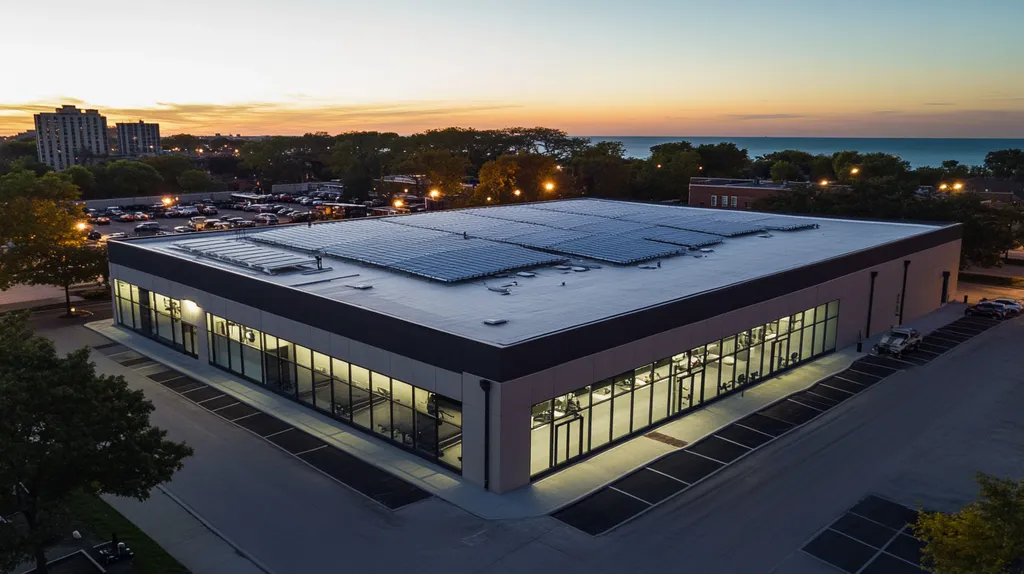A commercial roof on a fitness gym in a location similar to Chicago with an illuminated nightscape aesthetic (AI image)
