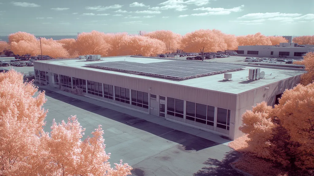 A commercial roof on a fitness gym in a location similar to Chicago with an infrared photography aesthetic (AI image)