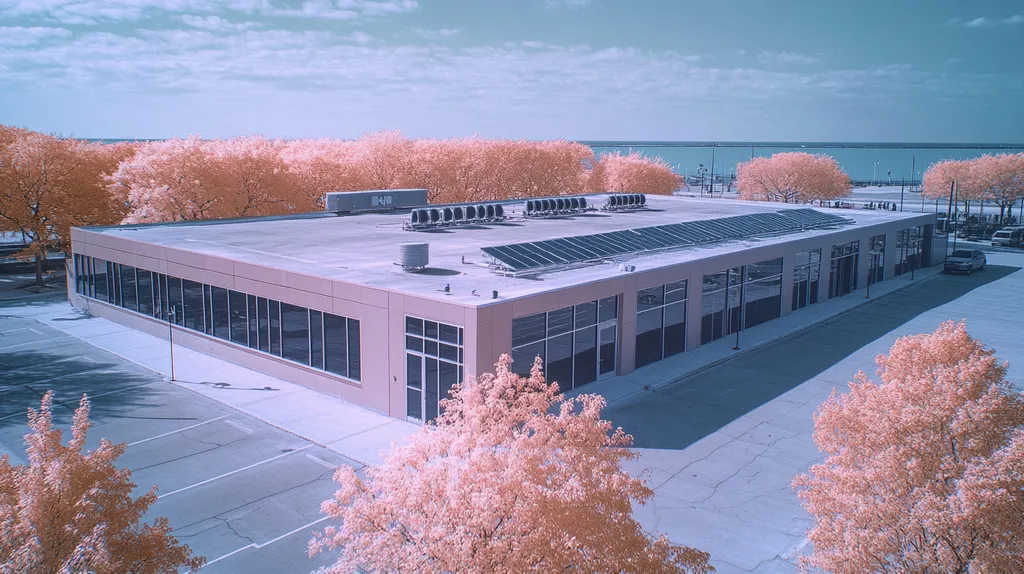 A commercial roof on a fitness gym in a location similar to Chicago with an infrared photography aesthetic (AI image)