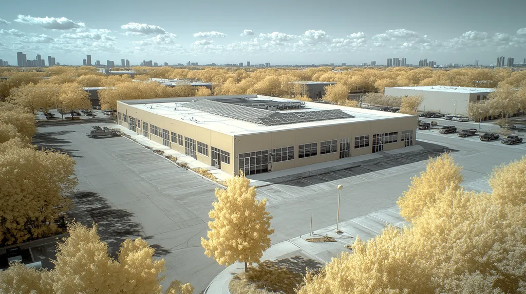 A commercial roof on a fitness gym in a location similar to Chicago with an infrared photography aesthetic (AI image)