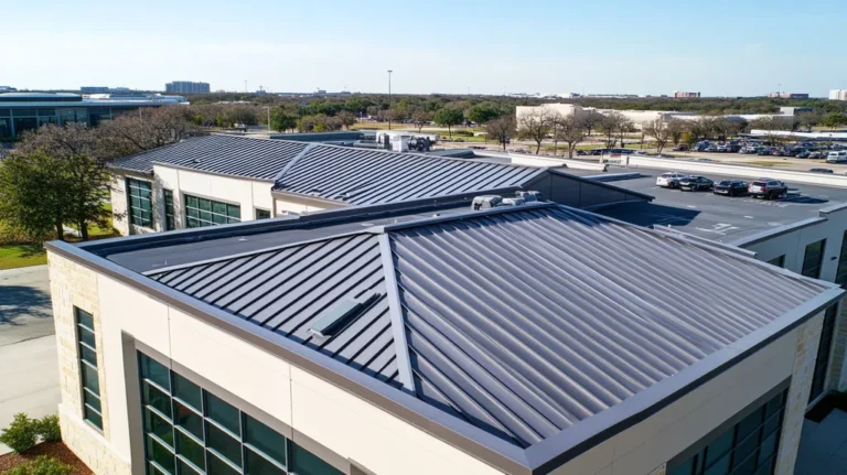 A commercial roof on a fitness gym in a location similar to Dallas with a stainless steel aesthetic (AI image)