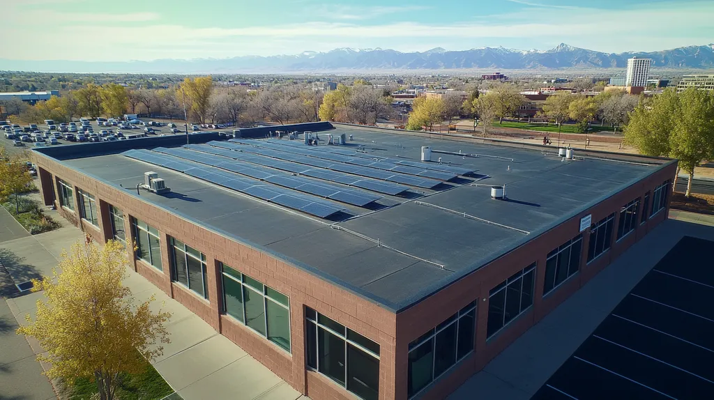 A commercial roof on a fitness gym in a location similar to Denver with a cross-processed look aesthetic (AI image)