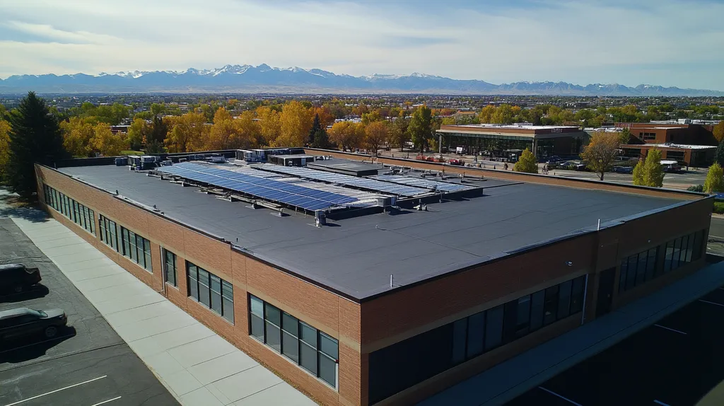 A commercial roof on a fitness gym in a location similar to Denver with a cross-processed look aesthetic (AI image)