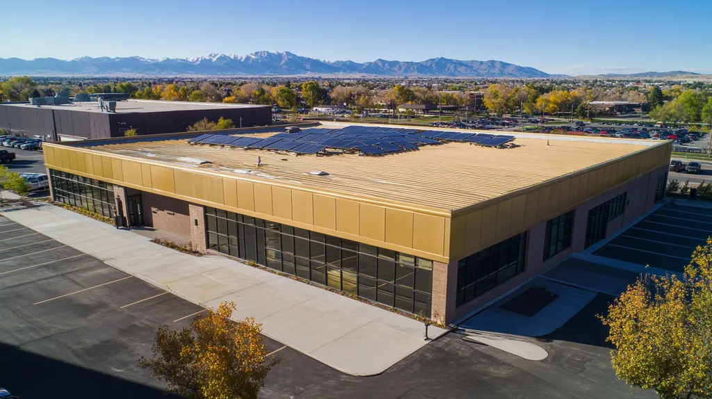 A commercial roof on a fitness gym in a location similar to Denver with a solid gold aesthetic (AI image)