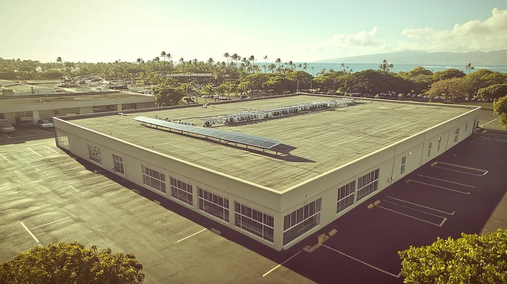 A commercial roof on a fitness gym in a location similar to Honolulu with a Polaroid aesthetic (AI image)