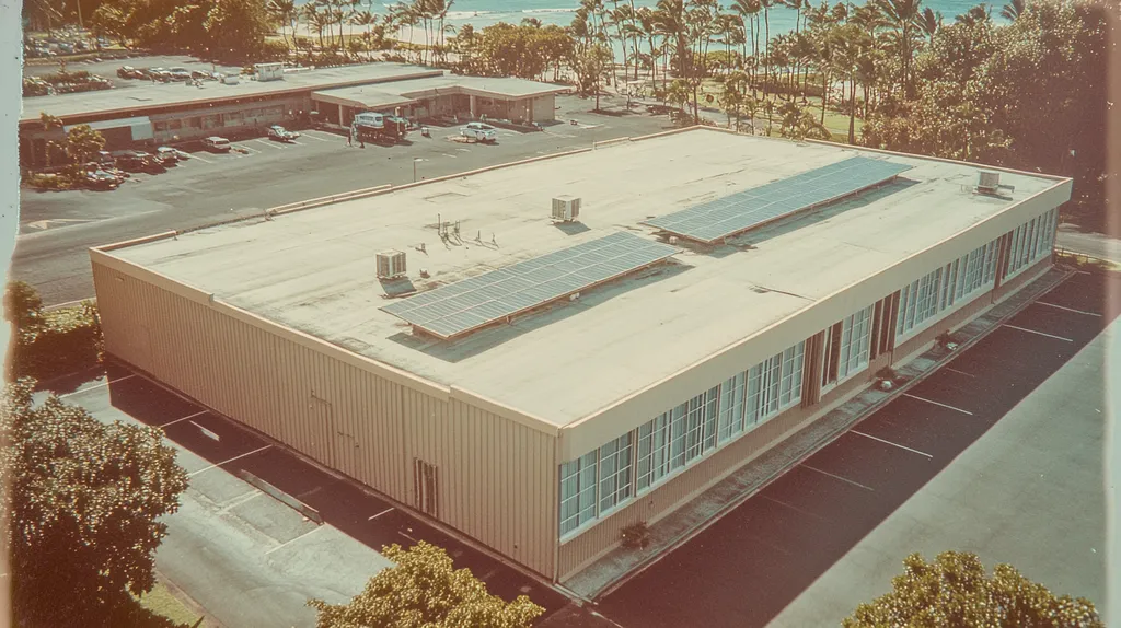 A commercial roof on a fitness gym in a location similar to Honolulu with a Polaroid aesthetic (AI image)